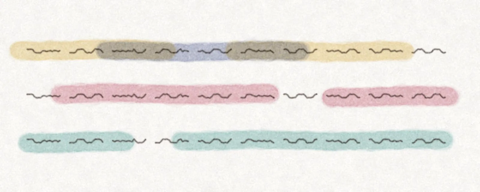 Watercolor: lines of scribbled text with overlapping gold, rose, indigo and teal highlighter strokes