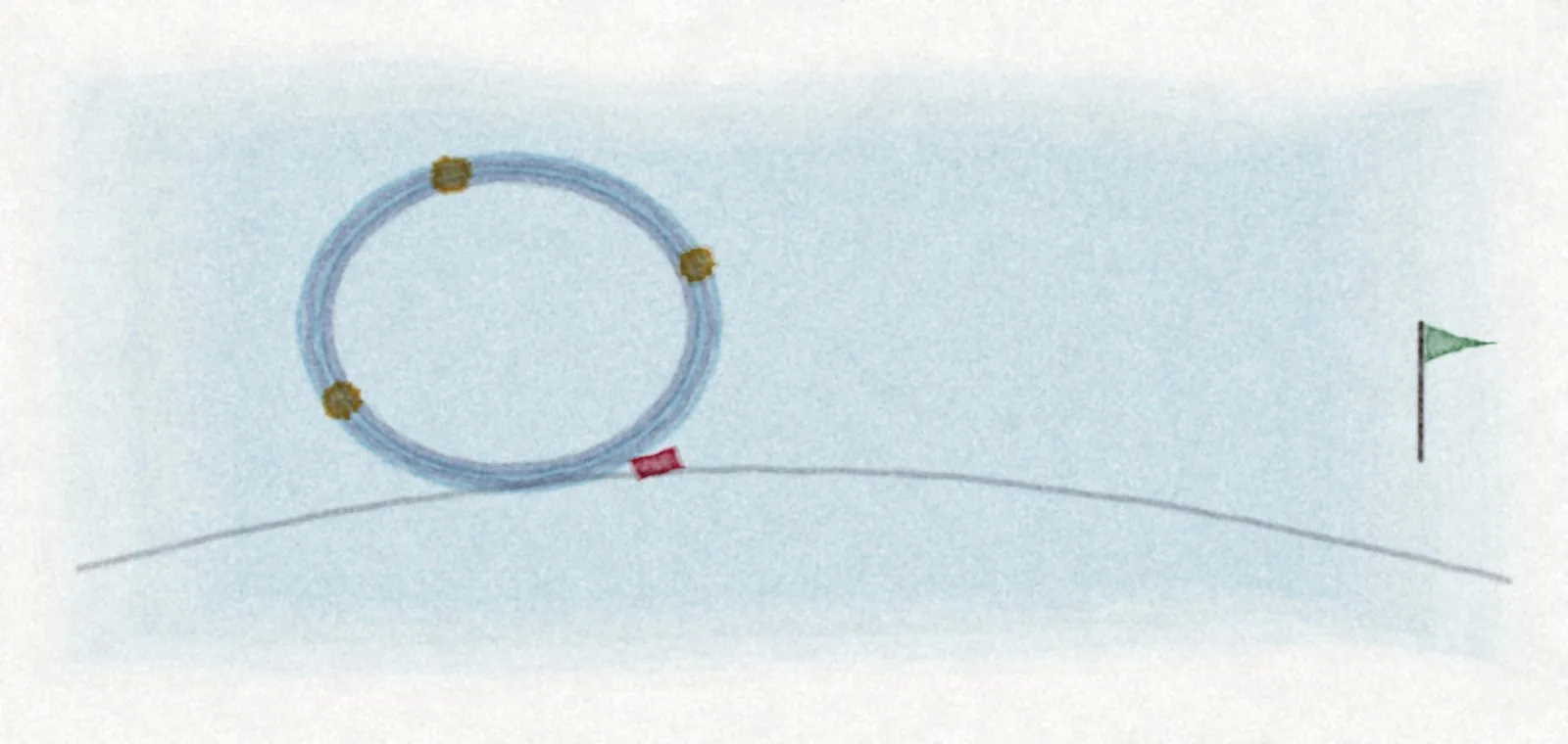 Watercolor: a boat's wake looping in a circle around three targets, far from a finish flag