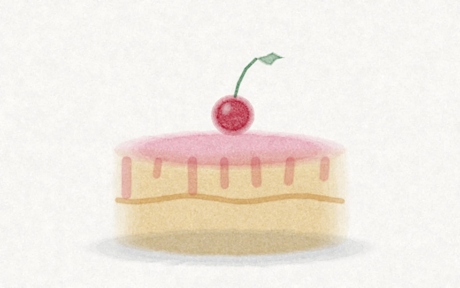 Watercolor: a layered sponge cake with pink icing and a single red cherry on top