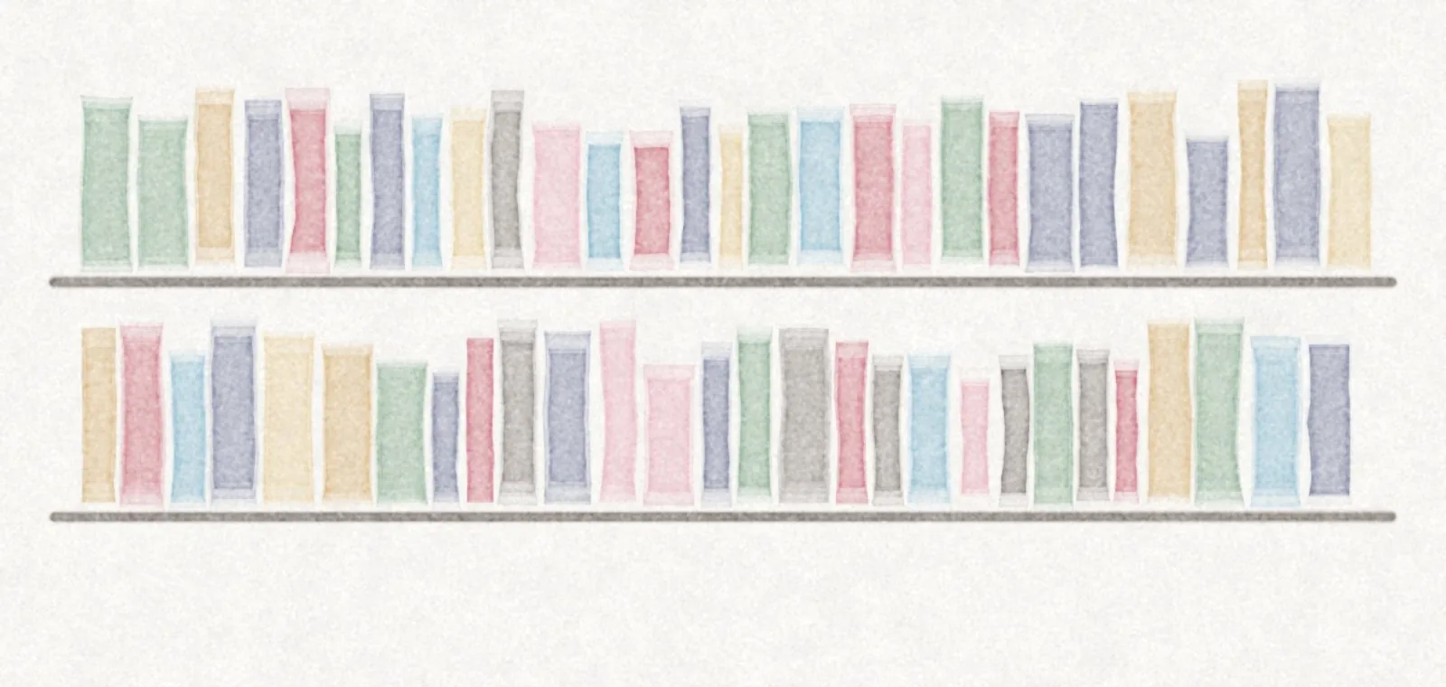 Watercolor: two long shelves of colorful books